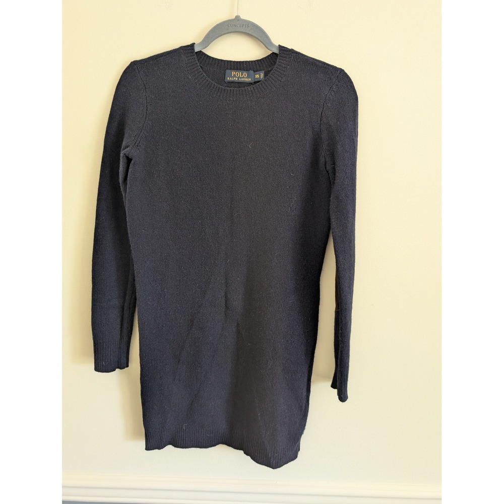 Polo Ralph Lauren Navy Merino Cashmere Sweater Dress Suede Elbow Patches XS prep